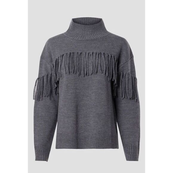 JASON WU Fringe Wool Turtleneck Sweater in Grey NWT Size Large